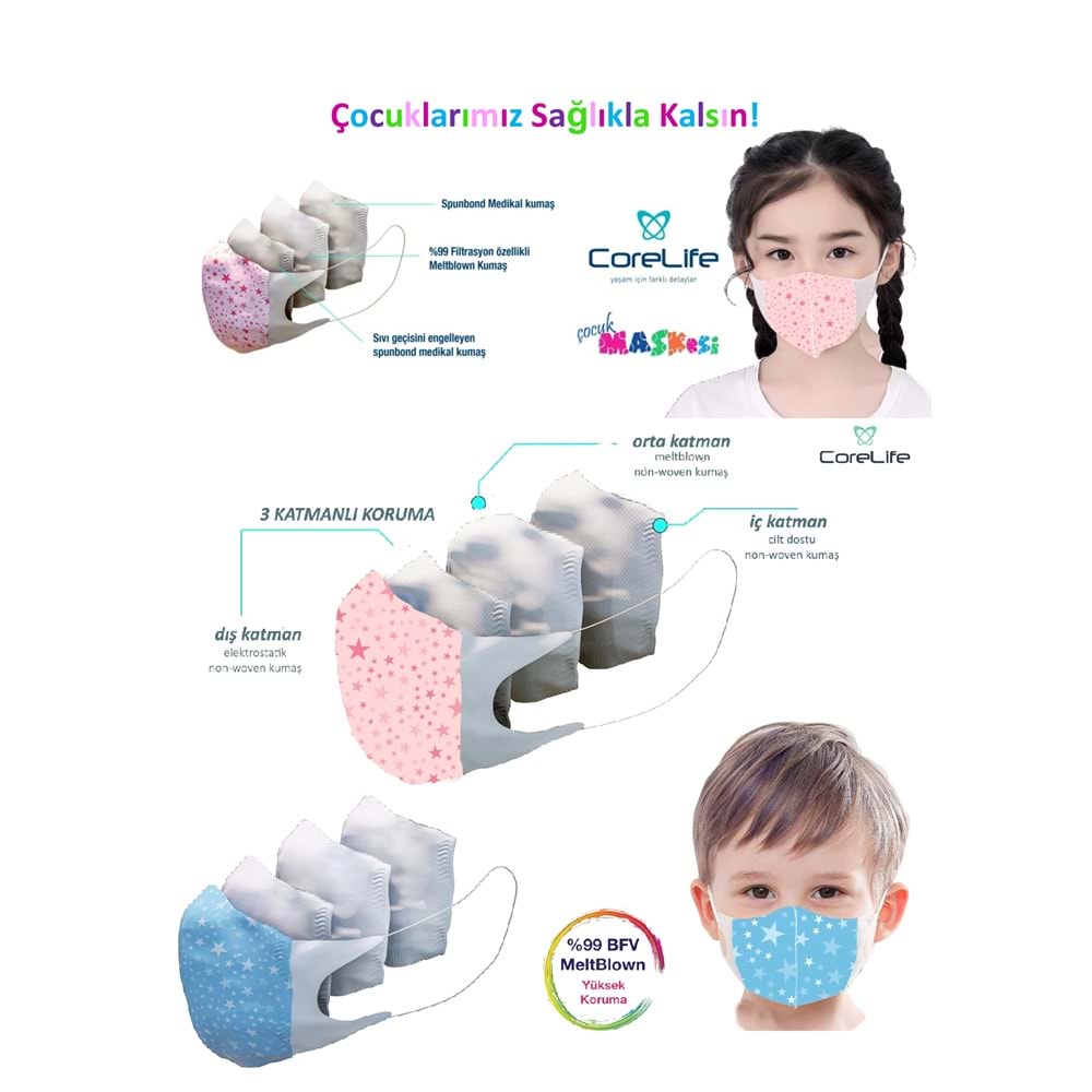 Corelife Meltblown Erkek Çocuk Maskesi 50 Adet Yıldız Desenli