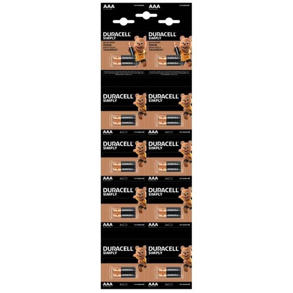 Duracell Alkalin Kartela İnce Kalem Pil 20 Adet(10X2li)