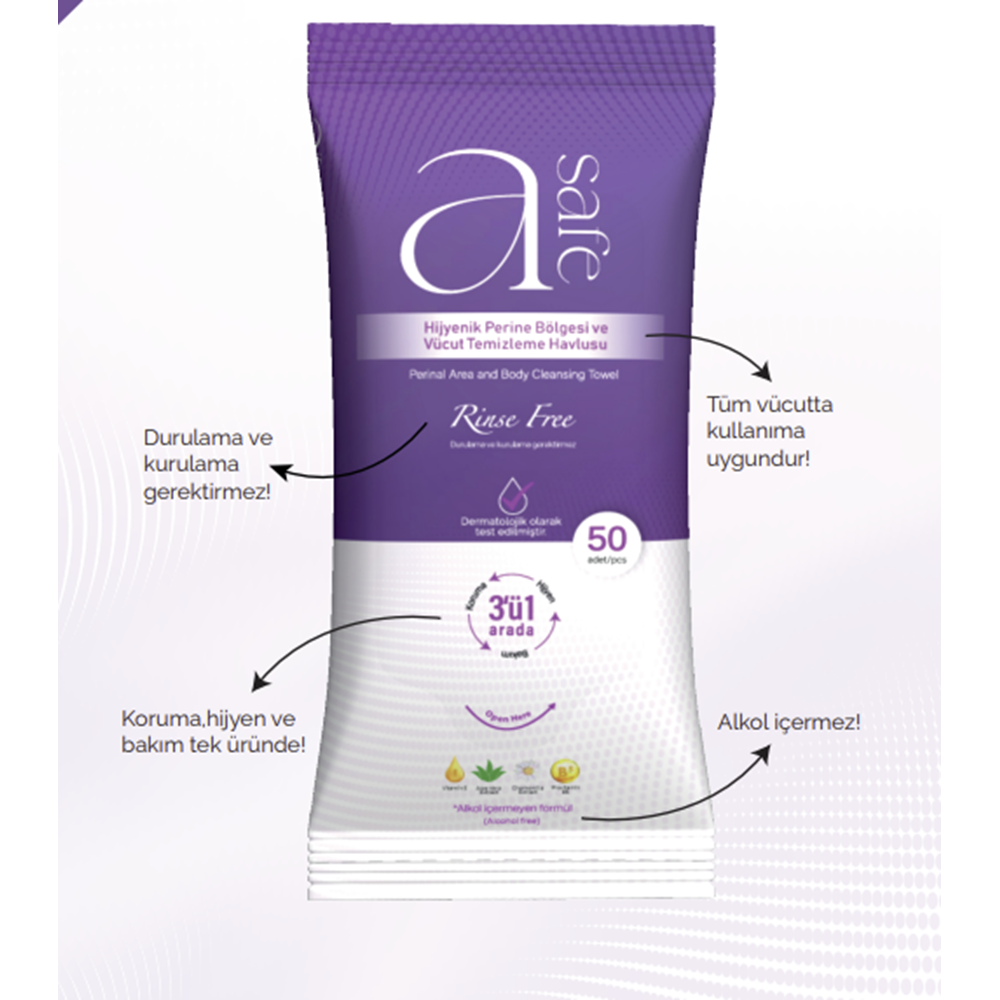A Safe Hijyenik Perine ve Vücut Temizleme Havlusu 50 Adet
