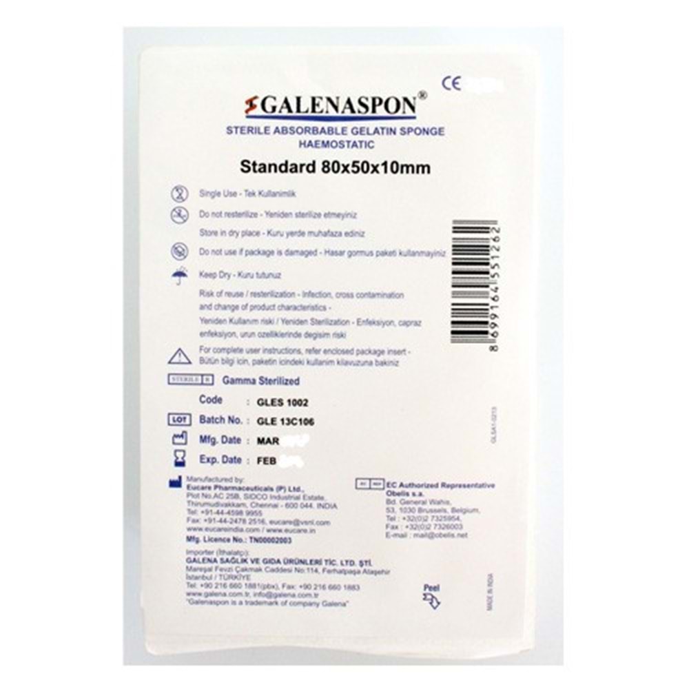 Galenaspon Steril Hemostatik Emilebilir Jelatin Sünger 80x50x10mm(Y)