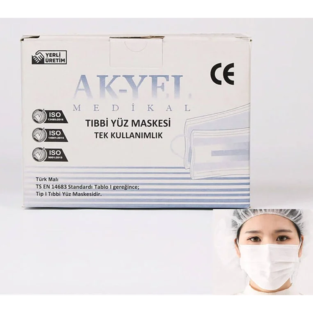 Akyel Maske Lastikli Filtreli 3 Katlı Beyaz 50 Li