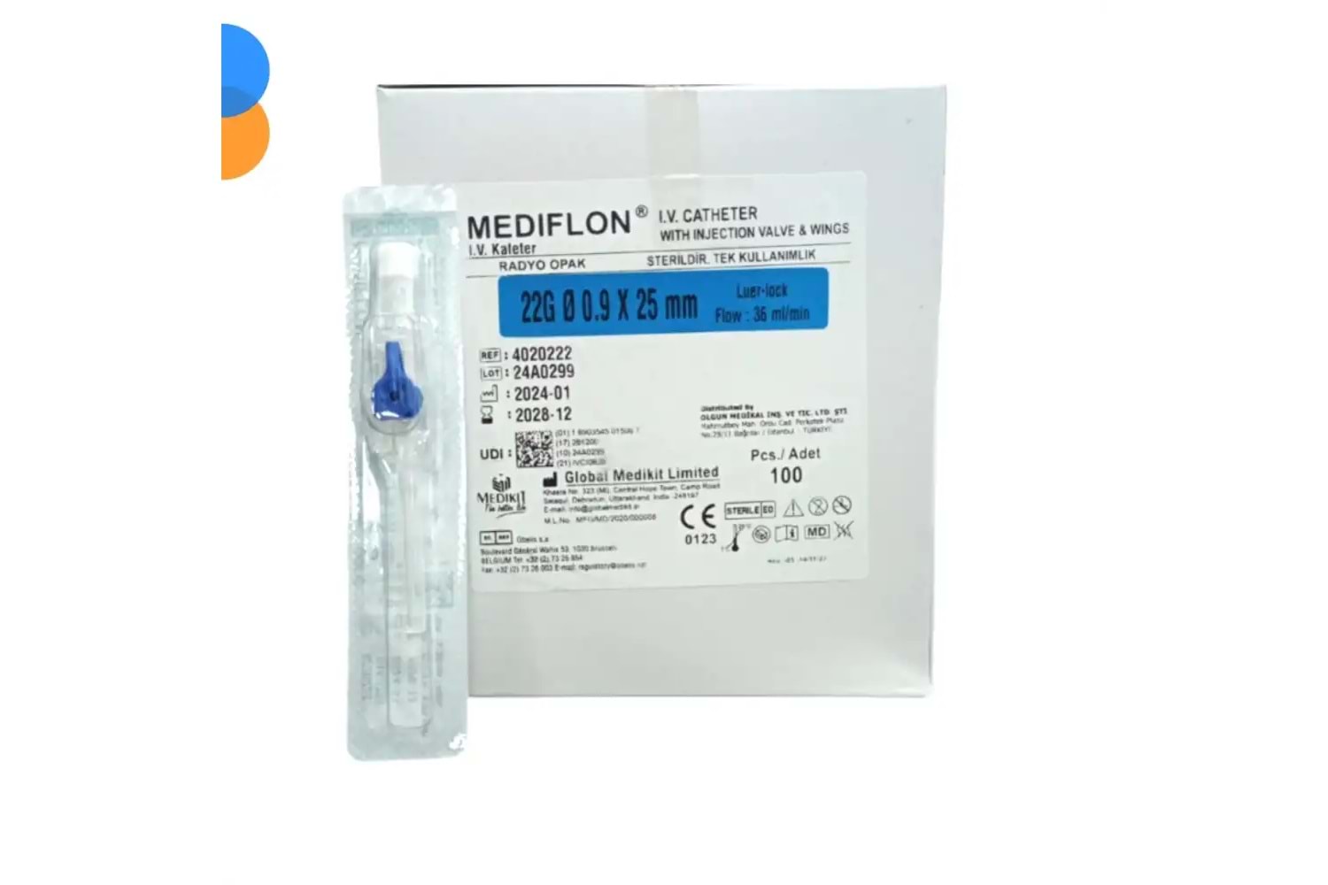 Mediflon Branül Mavi 22G