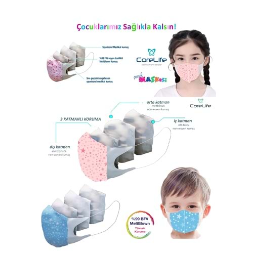 Corelife Meltblown Kız Çocuk Maskesi 50 Adet Yıldız Desenli