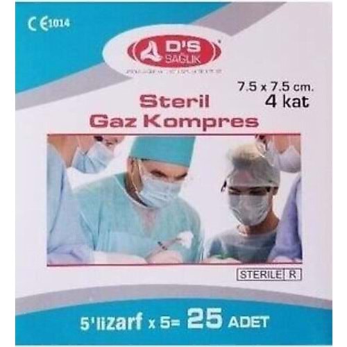 DS Sağlık Steril Gaz Kompres 4 Katlı 7,5x7,5Cm 25 Adet (5x5 Ad)