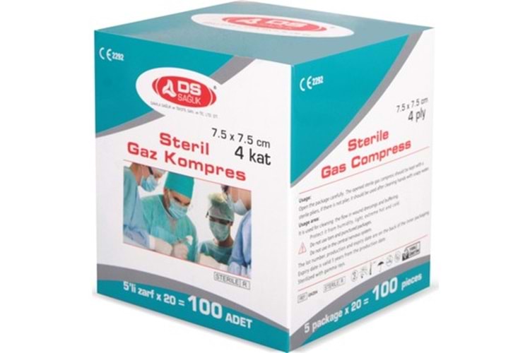DS Sağlık Steril Gaz Kompres 4 Katlı 7,5x7,5Cm 100 Adet (20x5 Ad)